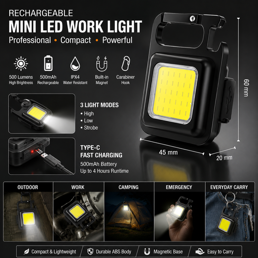 Rechargeable COB Keychain Light – Mini LED Flashlight with Magnet & Bottle Opener
