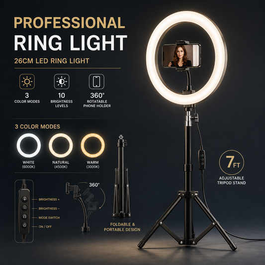 26CM LED Ring Light with Mobile Holder & 7FT Tripod Stand – 3 Color Modes Professional Selfie & Video Light