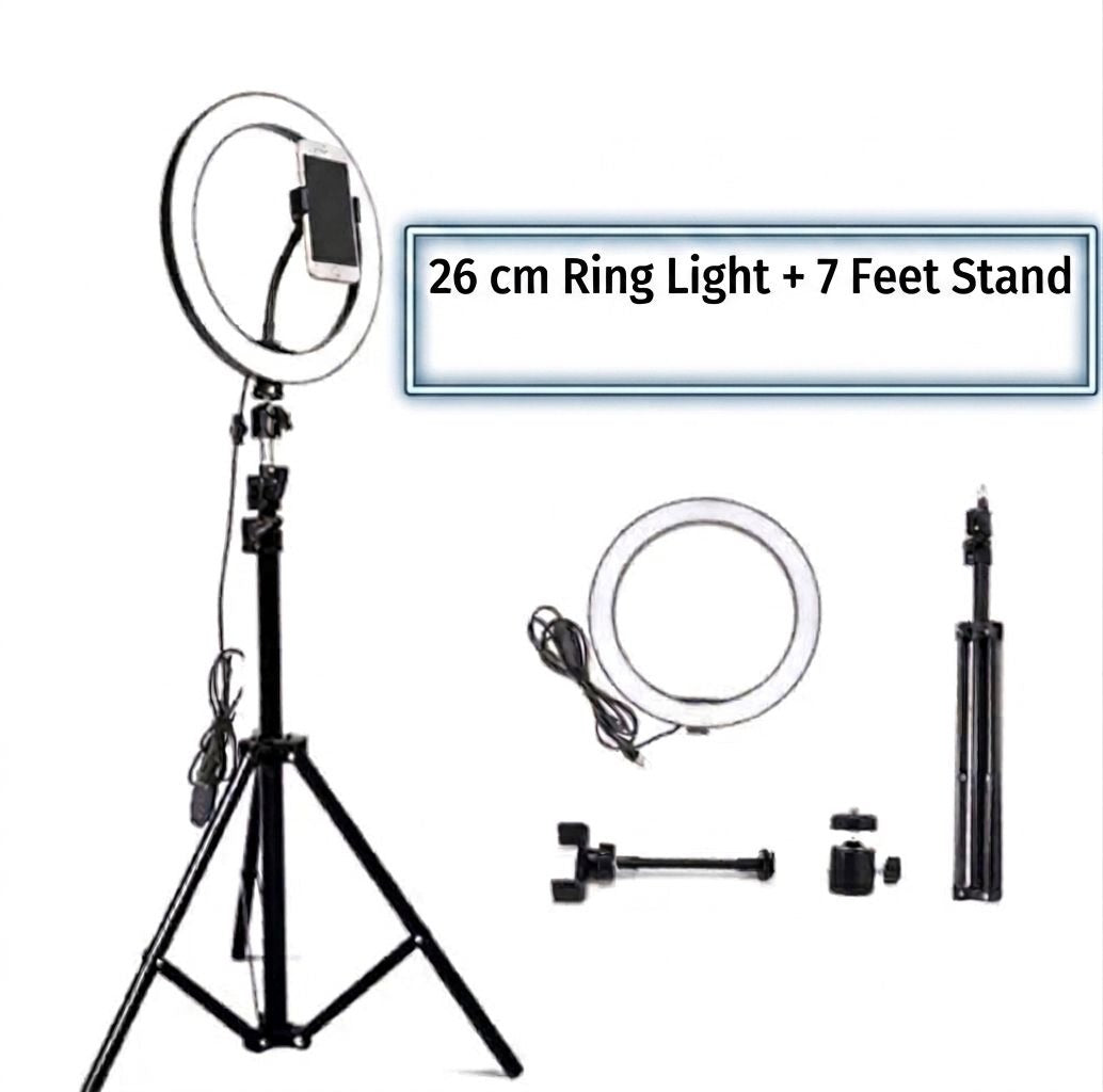 26CM LED Ring Light with Mobile Holder & 7FT Tripod Stand – 3 Color Modes Professional Selfie & Video Light